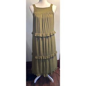 Emelia Olive Green Tiered Ruffle Maxi Dress Smocked Tie Back Boho XS Y2634